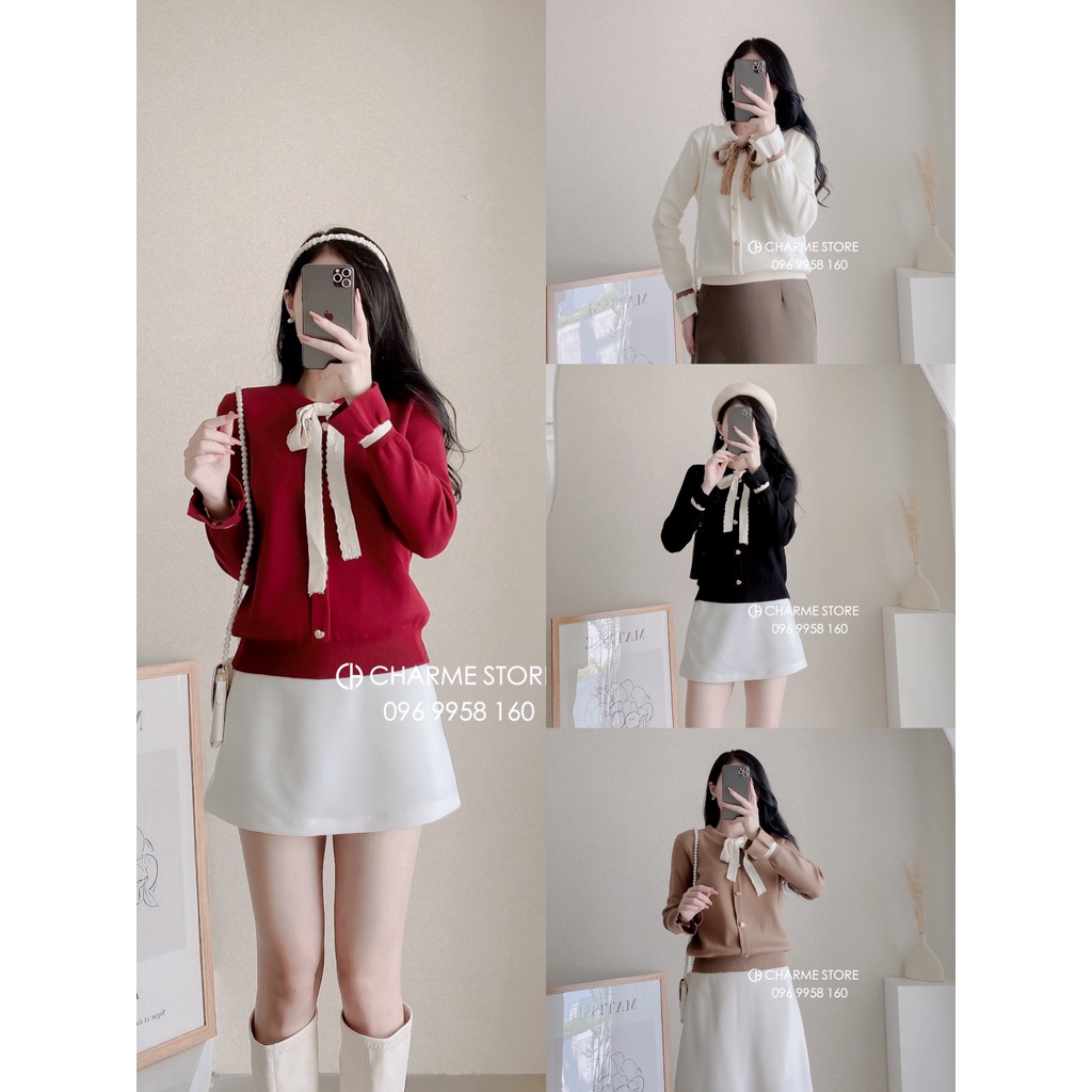Áo len tay bo viền cổ phối nơ thiết kế Charme 11014