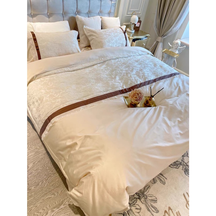 Bộ chăn ga gối lụa sateen 100s LIDACO mix ren nơ sang trọng