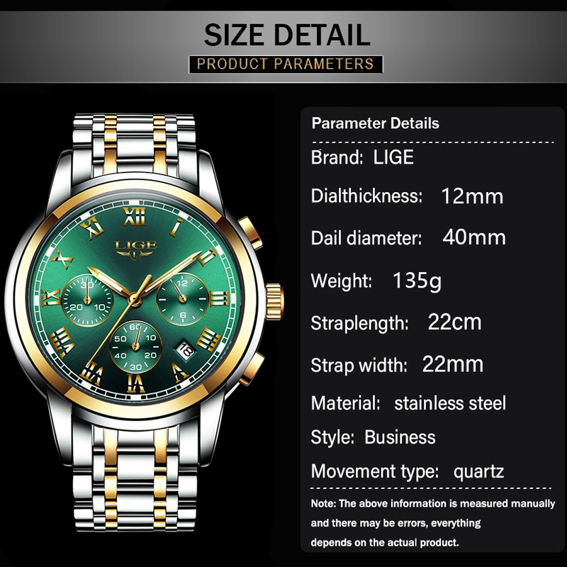 LIGE Đồng Hồ Nam Bằng Thép Không Gỉ Sang Trọng