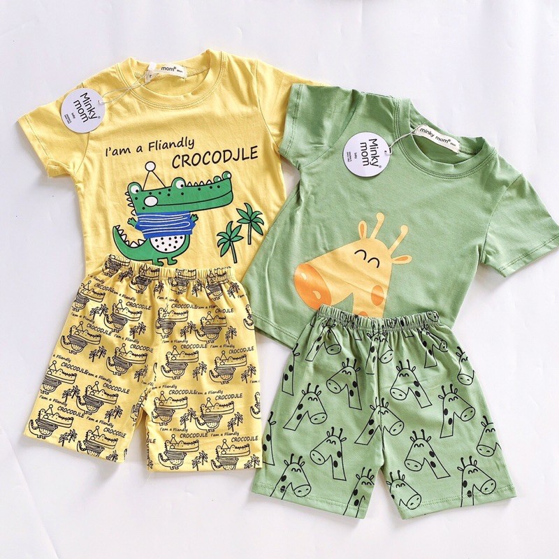 Bộ Cộc Tay Cotton Hàng Minky Mom In Khủng Long Xám-Trắng Cho Bé (9-19kg)