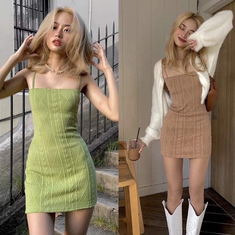 Đầm Váy 2 Dây Nữ Dệt Kim Có Thể Phối Cùng Cardigan 4 Màu Hot Dễ Mặc