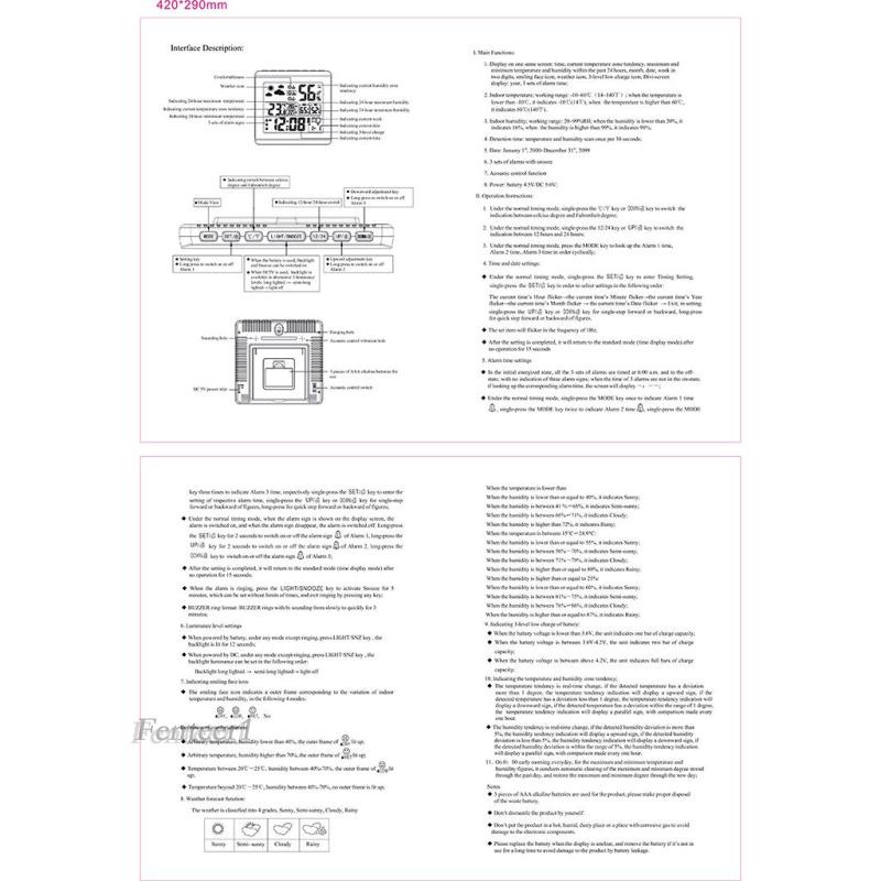 [Fenteer1] Đồng Hồ Báo Thức Điện Tử Màn Hình LCD Kỹ Thuật Số Với Nhiệt Kế Đo Độ Ẩm