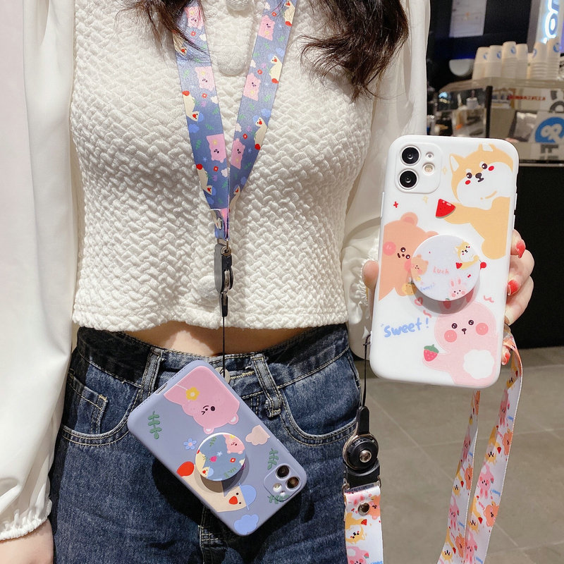 iPhone X Xr Xs 11 12 Mini Pro Max 6 6s 7 8 Plus Soft Happy Duck With Flower Fruit Zoo Con Vịt Trái Cây Dây Buộc Lanyard Case