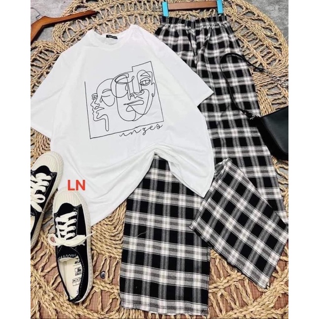 Sét áo mặt người ô vuông + quần kẻ màu đen TH6