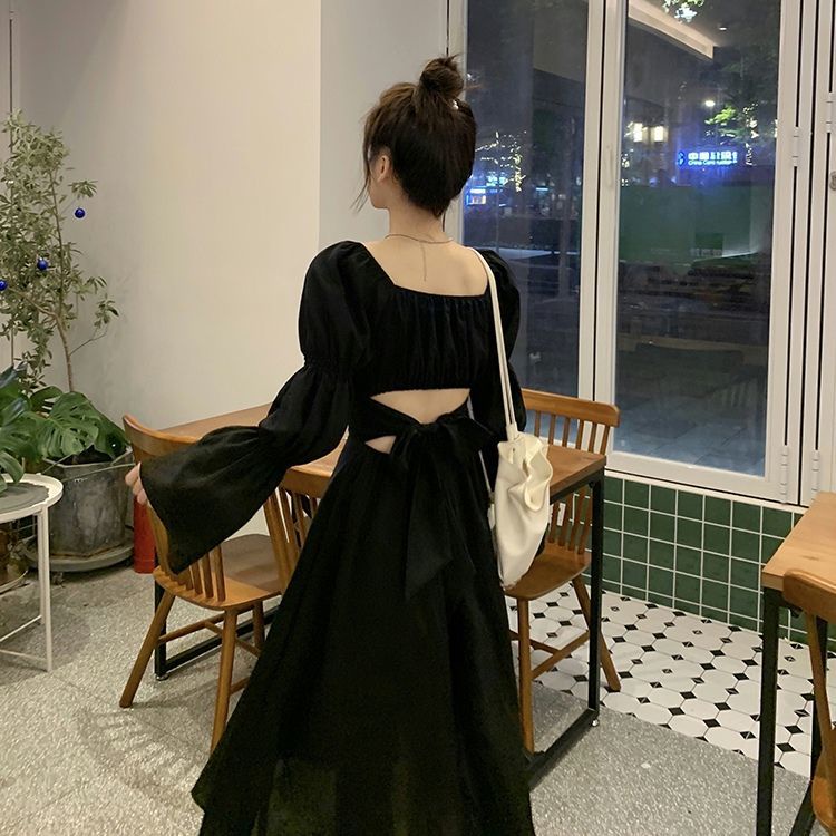 Đầm chữ A cổ vuông tay phồng hở lưng thời trang mùa thu kiểu Pháp mới 2021 cho nữ