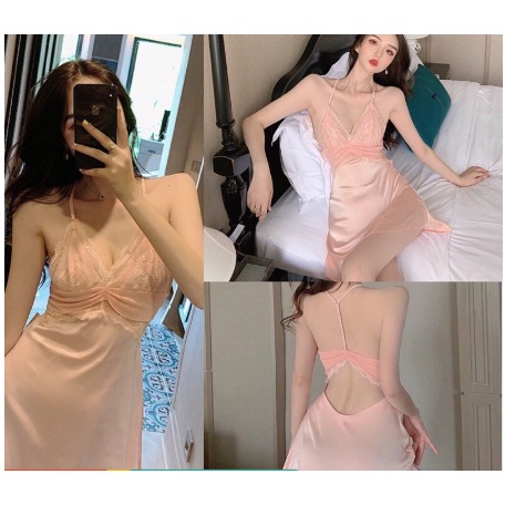 Tặng kèm chip - Váy ngủ lụa satin phối ren chữ T gợi cảm T23