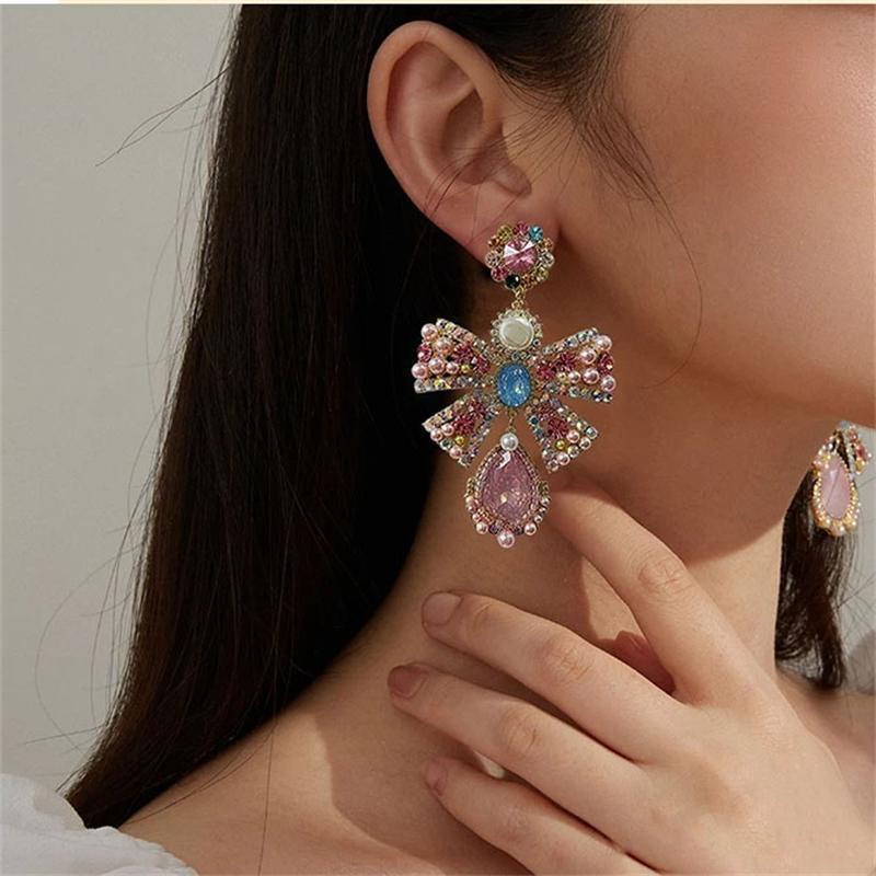 Khuyên Tai Nơ Kim Loại Đính Đá Pha Lê &amp; Ngọc Trai Giả Thời Trang Châu Âu Và Mỹ