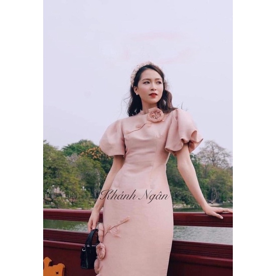 Áo dài cách tân tay bồng hoa đính kết sang trọng nhẹ nhàng chất liệu tafta