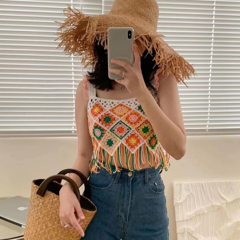 Xiangbao Áo Crop Top Dệt Kim Đan Móc Hình Học Tua Rua Màu Cầu Vồng Thích Hợp Đi Biển