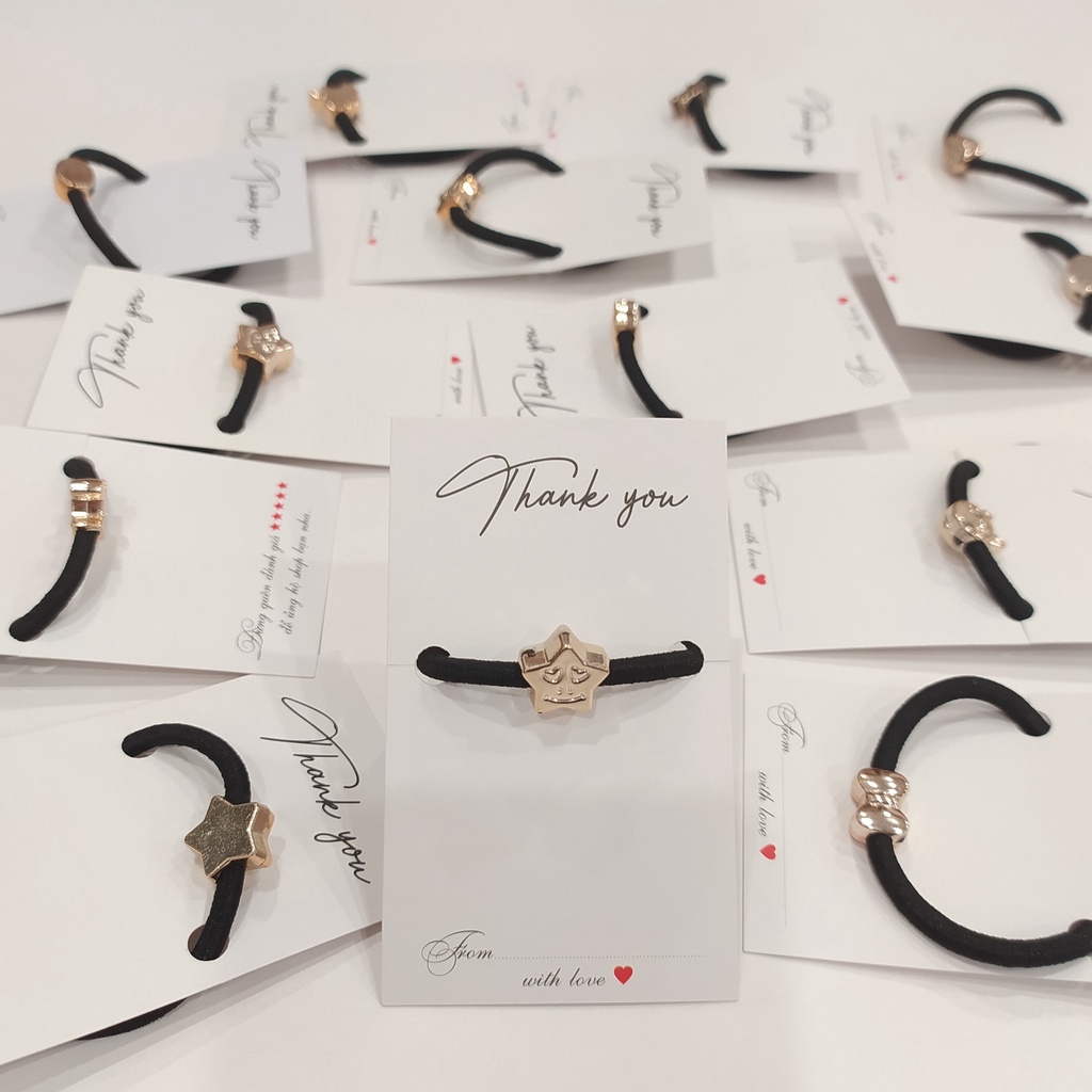 Dây buộc tóc hình dễ thương ánh vàng kèm thiệp cảm ơn, dây cột tóc