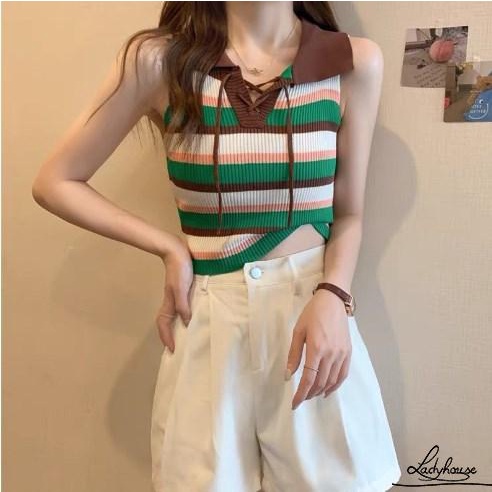 Áo Croptop Hai Dây Dệt Kim Họa Tiết Kẻ Sọc Nhiều Màu Sắc Thời Trang Mùa Hè Cho Nữ