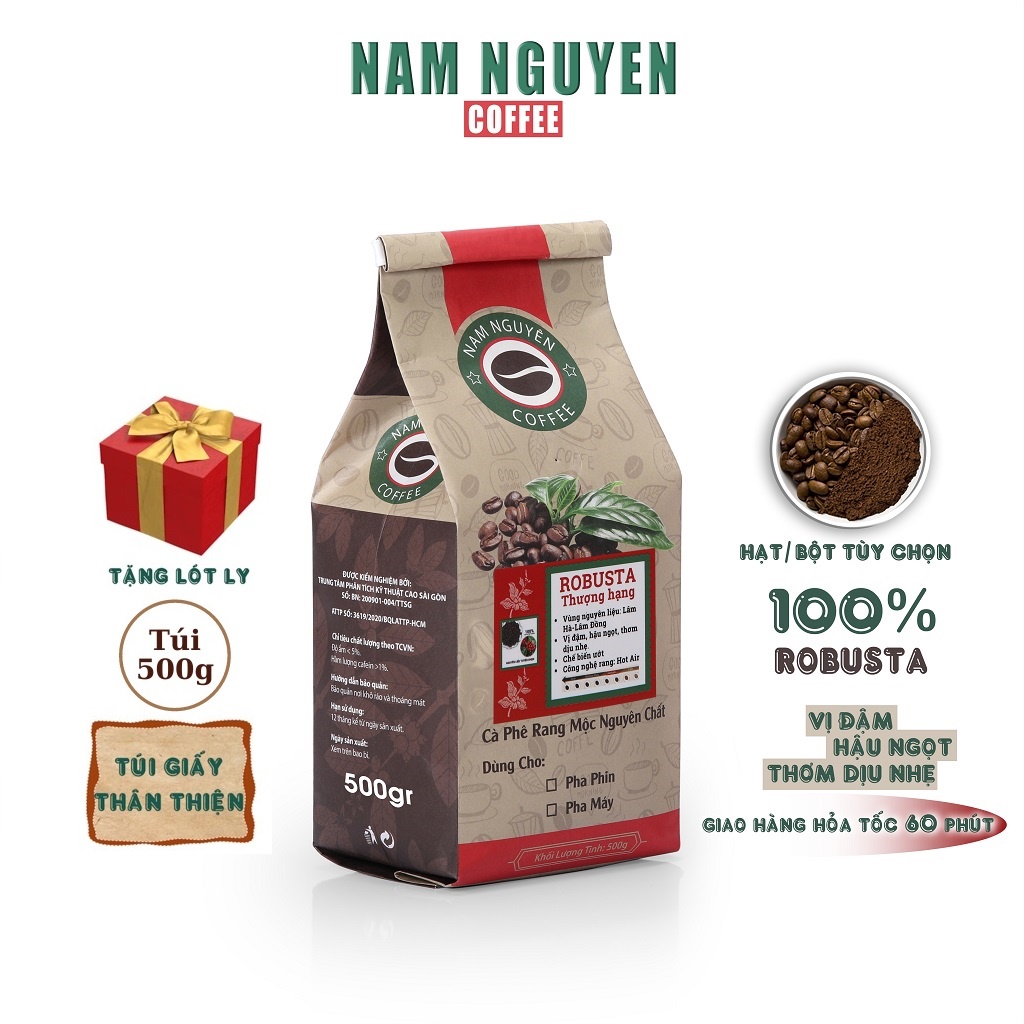 Cà phê Robusta Thượng hạng rang xay, rguyên chất vị đậm, hậu ngọt,dùng pha phim, pha máy gói 500g từ Nam Nguyên Coffee