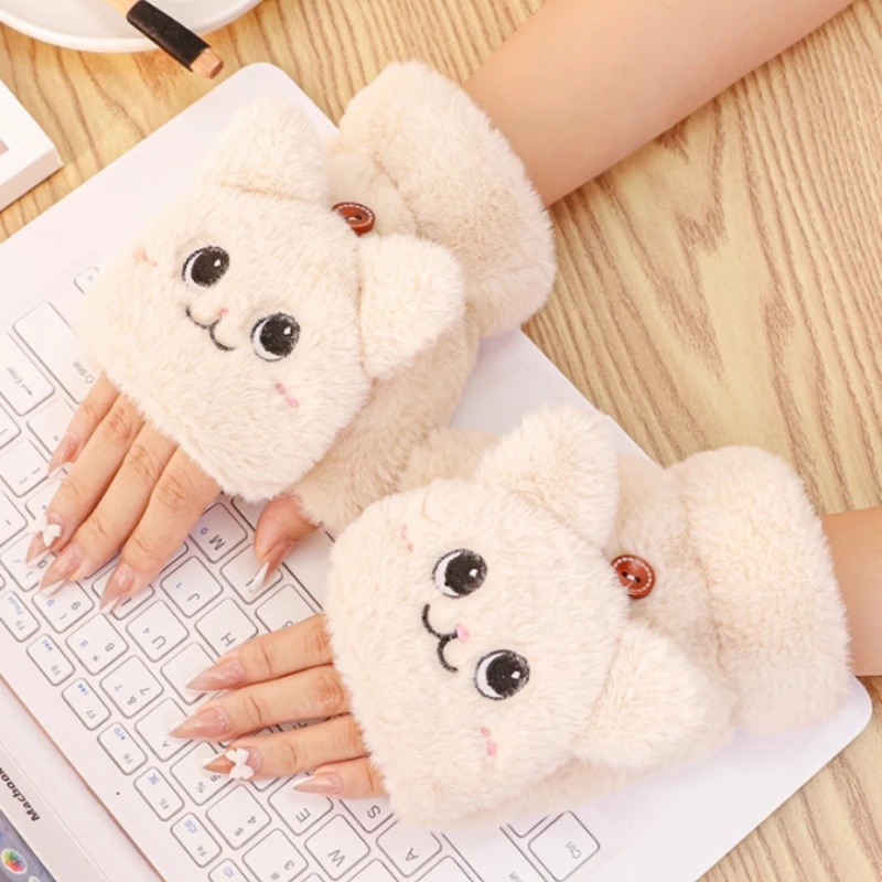 Găng tay hở ngón đính lông thỏ mềm mại dễ thương