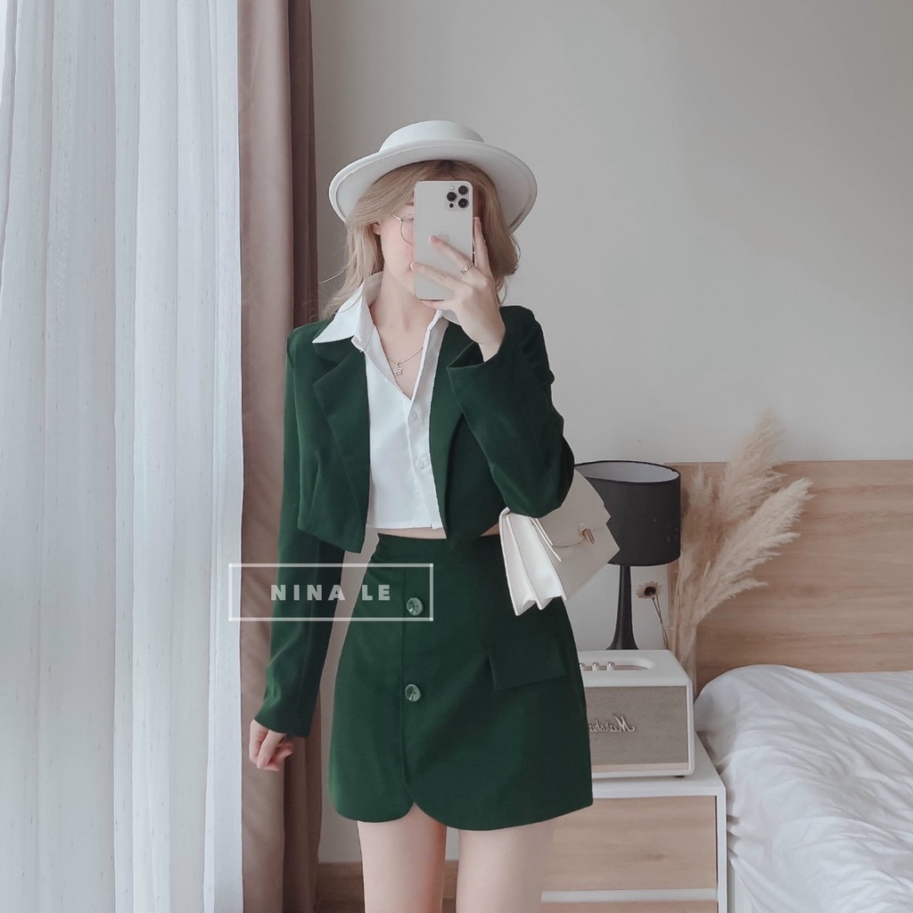 Áo blazer nữ - áo vest nữ,Sét bộ 3 món gồm áo blazer mix áo sơ mi croptop và chân váy xinh xắn