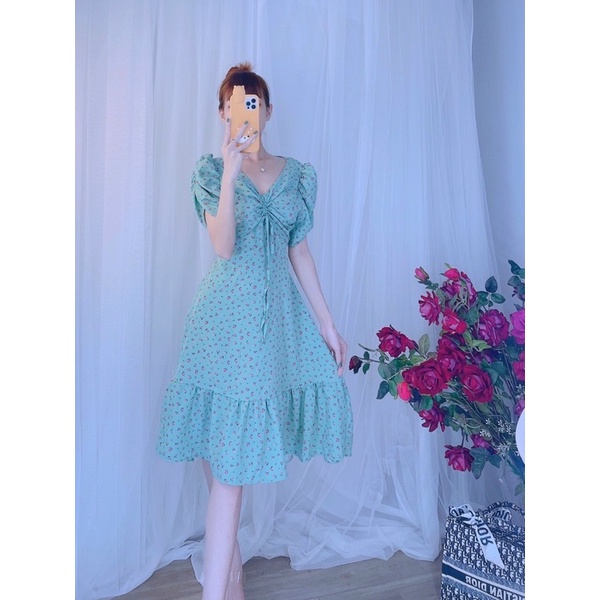 Đầm hoa nhí dây rút tay phồng