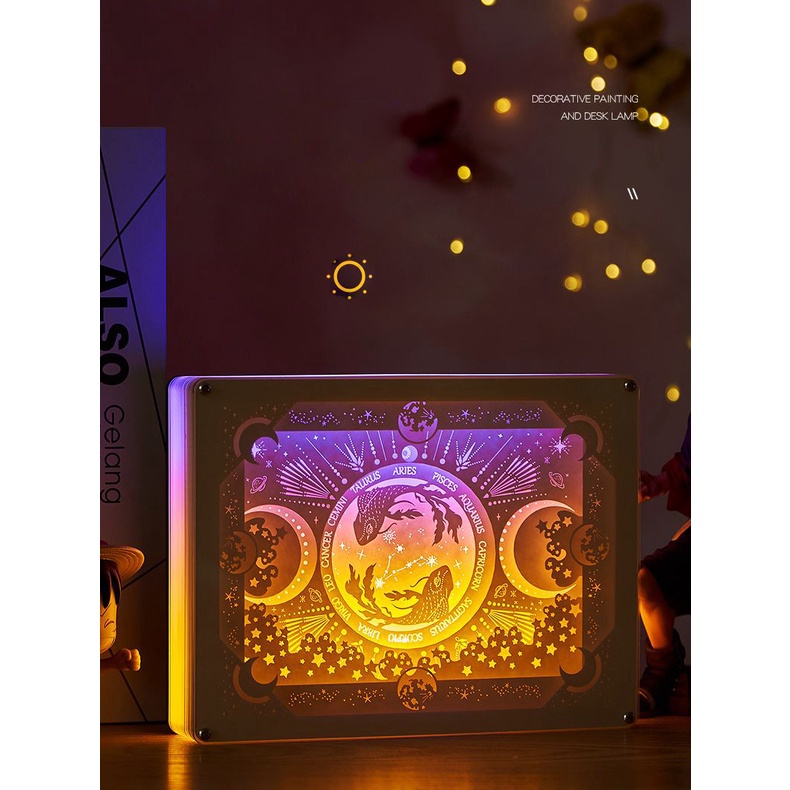 Đèn Led chạm khắc giấy 3D 12 cung hoàng đạo ( khung acrylic, đi kèm điều khiển từ xa nhiều chế độ)