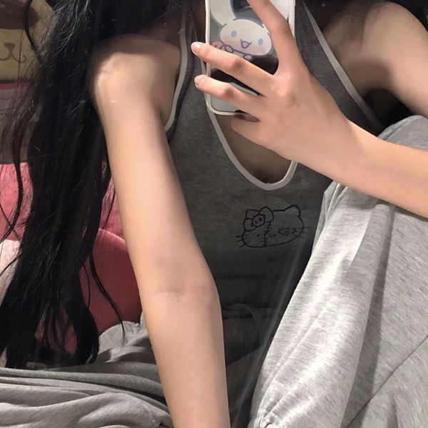 Summer New Japanese Cartoon Hanging Neck Hello Kitty Vest Girls Sexy Outer Wear Cute Pure Lust Style Short Section with Hot Girl Sleeveless Top