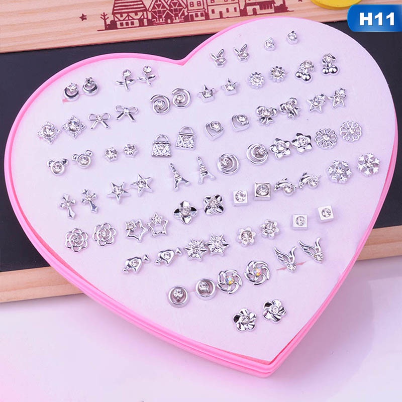 Set 36 đôi bông tai hình trái tim đính đá thời trang