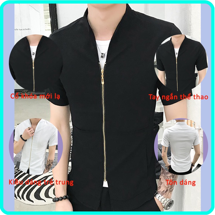Áo sơ mi, Áo sơ mi nam cộc tay cổ phối khóa độc lạ, trẻ trung, phong cách chất vải mềm mát MÃ- N19