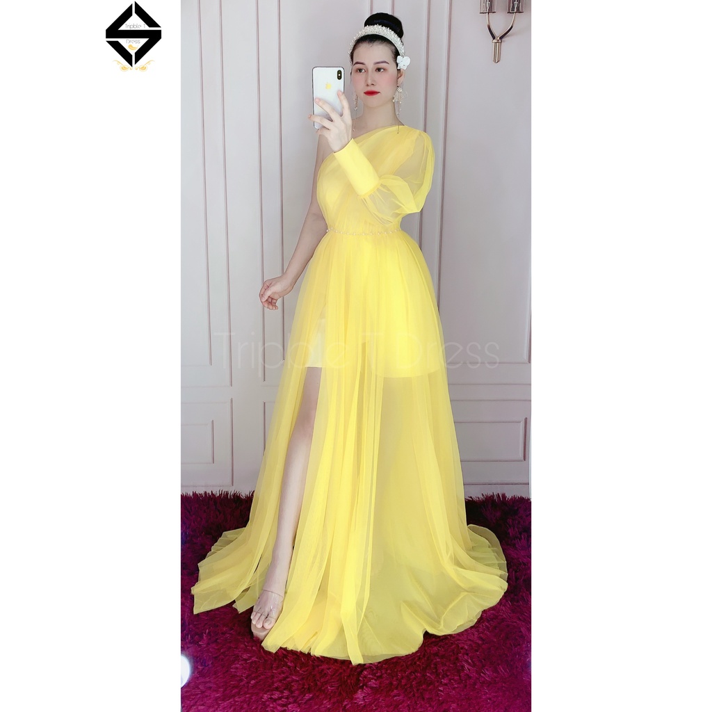 Đầm maxi dự tiệc lệch vai tay dài kết ngọc TRIPBLE T DRESS - size M/L (ảnh/video thật) MS132V