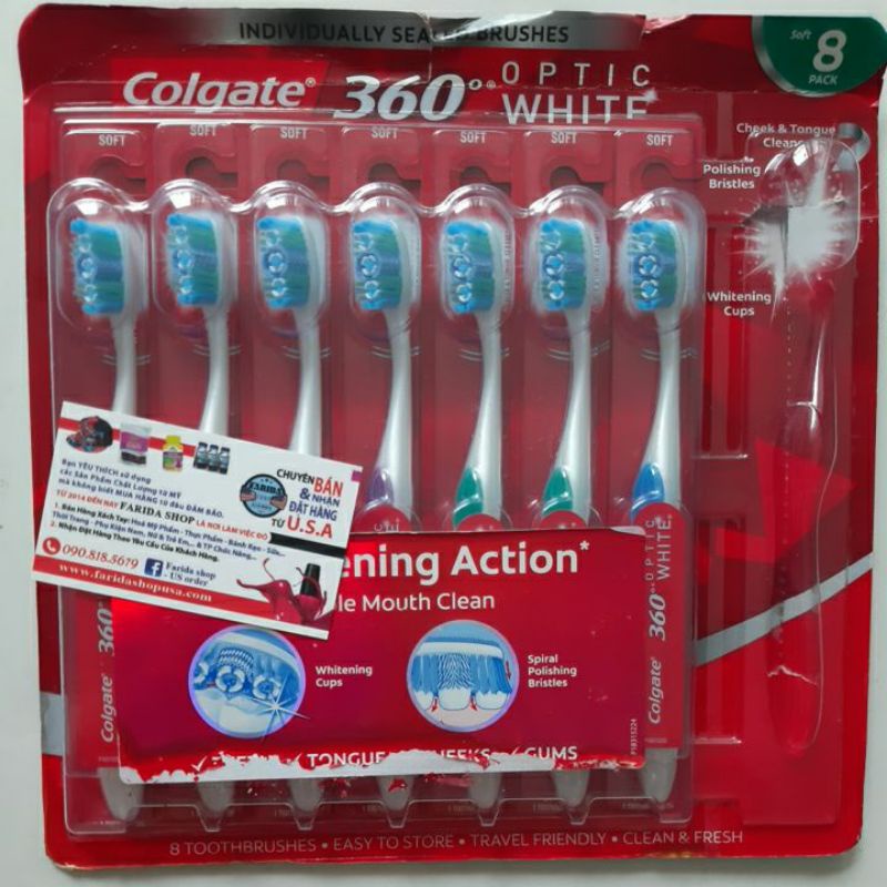 BỘ 4 CÂY BÀN CHẢI ĐÁNH RĂNG COLGATE 360 OPTIC WHITE TỪ MỸ. MEDIUM lông bàn chải mềm.