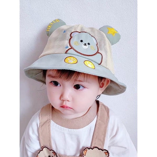 Mũ cho bé trai bé gái vành tròn thêu gấu vẫy tay tai hello dễ thương , phù hợp 4 tháng - 3 tuổi