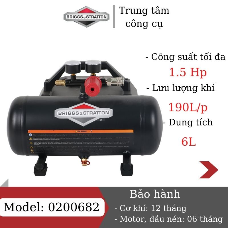 Máy nén khí mini không dầu 6L BRIGGS & STRATTON 0200682, máy nén khí 220V bơm hơi ô tô , xe máy,nén khí sạch 1.5 Hp
