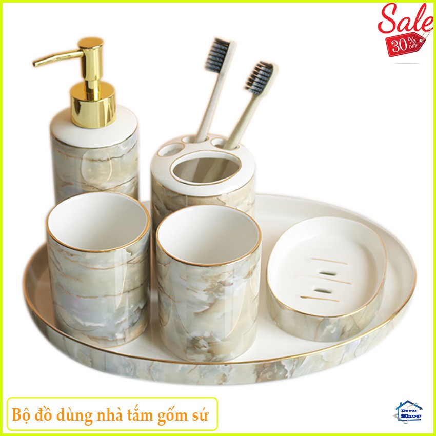 Bộ đồ dùng phòng tắm 6 món gốm sứ họa tiết vân đá cao cấp - Phụ kiện nhà tắm, nhà vệ sinh thông minh tiện ích, bền đẹp