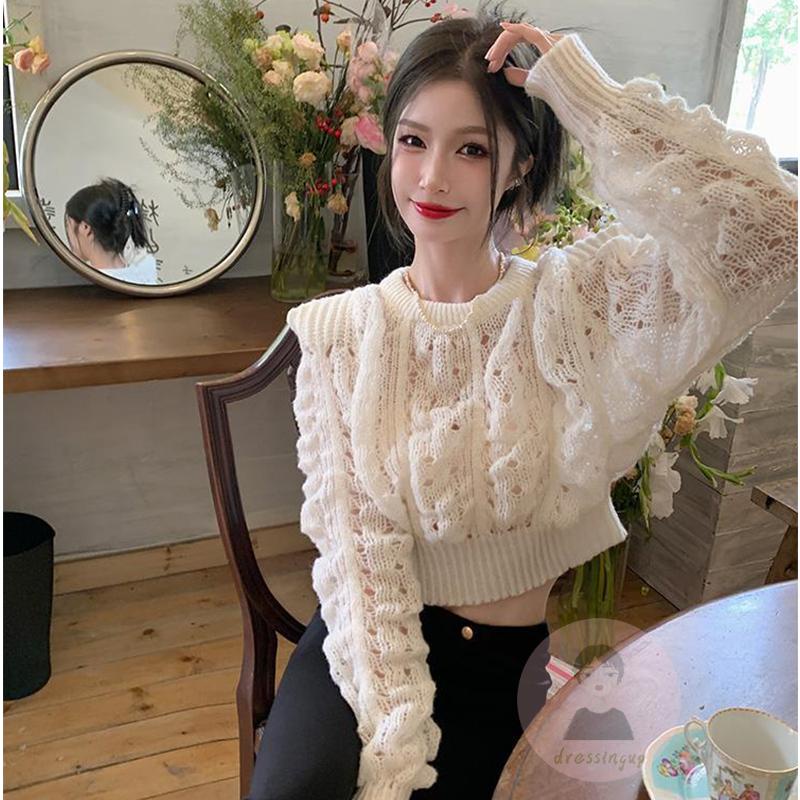 Áo Dệt Kim Tay Phồng Dài Cổ Tròn Thời Trang Cho Nữ