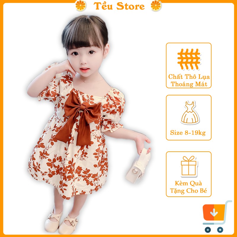 Váy Xòe Cho Bé Gái, Váy Bé Gái Có Nơ Chất Thô Lụa Siêu Mát Họa Tiết Hoa Lá 8 - 18kg Tều Store Size Bé 0 - 6 Tuổi