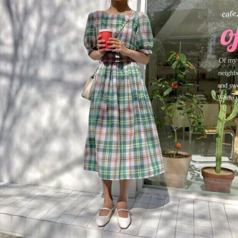 Đầm Maxi Caro Tay Bồng Tiểu Thư Dáng Xòe Cột Nơ Lưng Phong Cách Hàn Quốc Trẻ Trung Cho Nữ