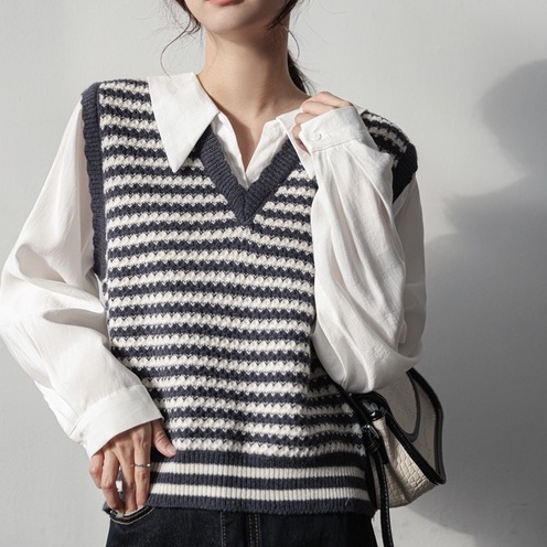 ZHELIHANGFEI Áo Sweater Tay Dài Cổ POLO Giả Hai Lớp Phong Cách Retro