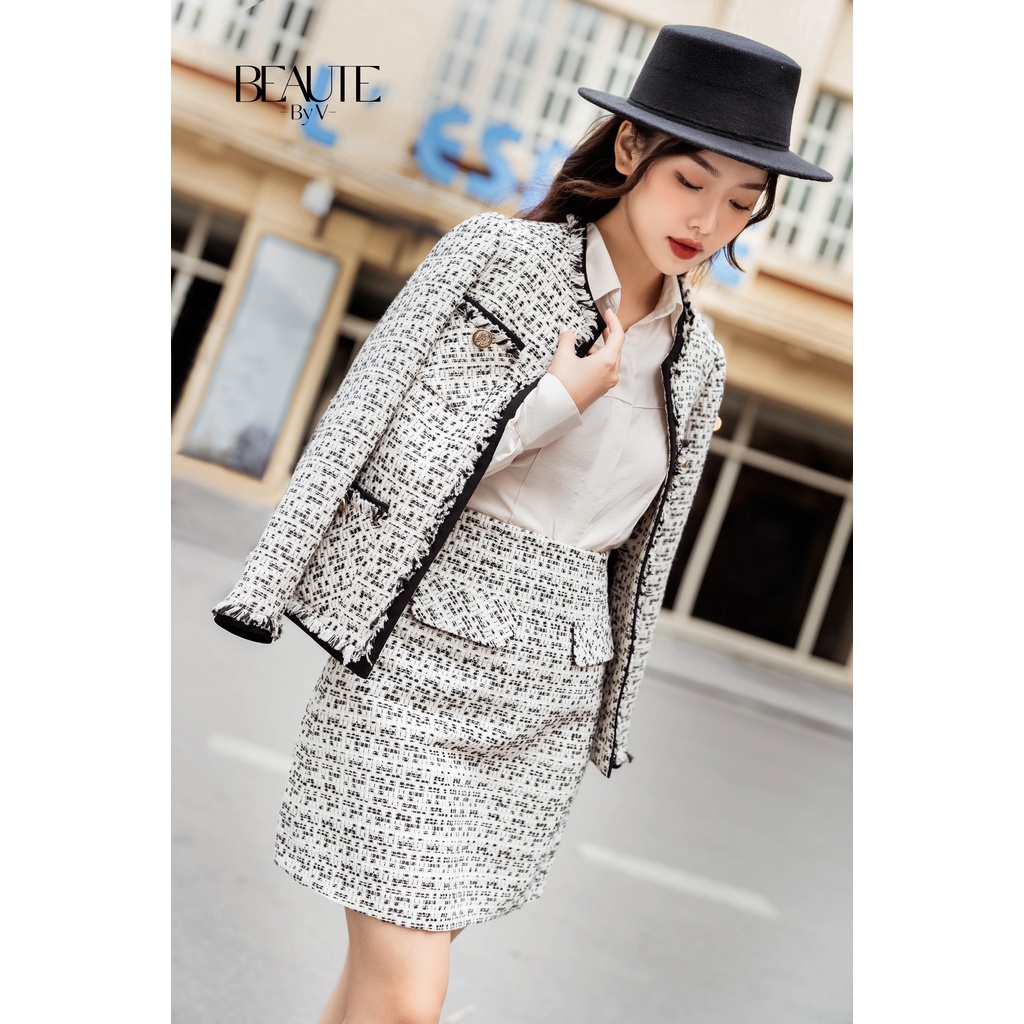 BEAUTEBYV - Áo blazer dạ tweed phối vải đen cùng 4 túi ốp New SanD