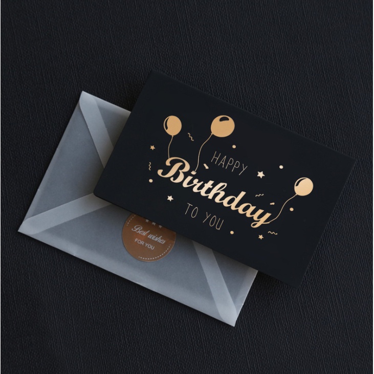 Thiệp chúc mừng sinh nhật Happy birthday đen, thư cảm ơn kèm sticker phong bì trắng đơn giản