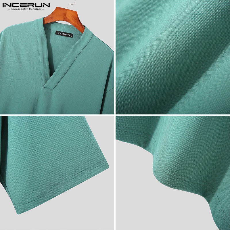 INCERUN Áo Thun Tay Ngắn Cổ Chữ V Màu Sắc Đơn Giản Cho Nam