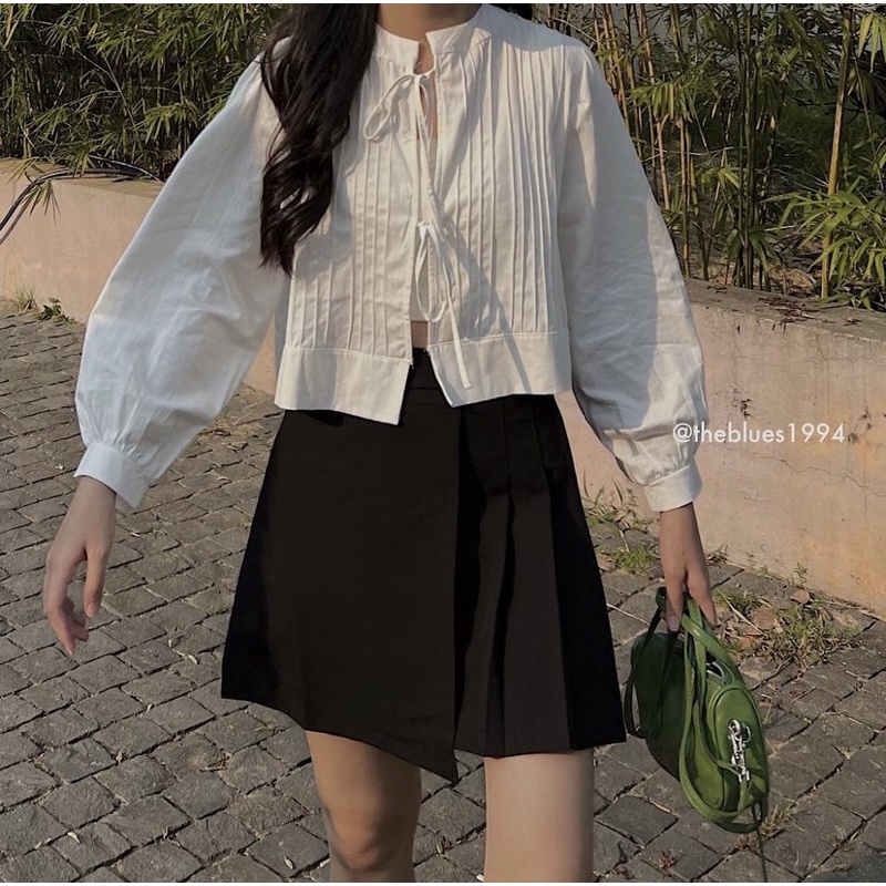 Set áo croptop babydoll thắt nơ ngực MIA TOP mix chân váy chữ A xếp ly lệch