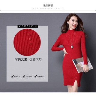 Váy len hoạ tiết dính khuy xẻ dùi