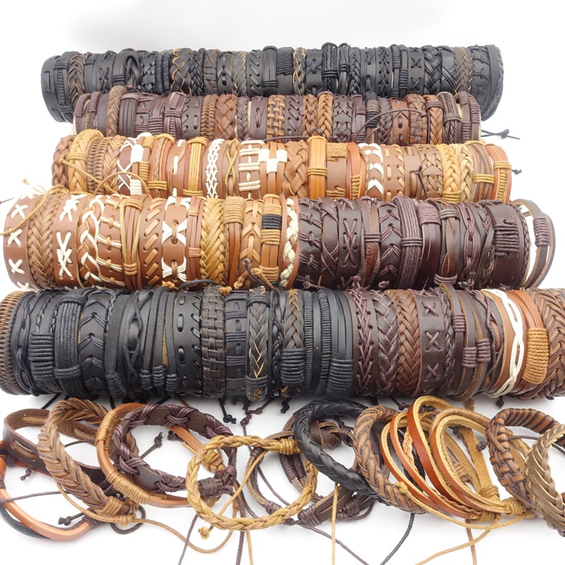 Set 10 Vòng Tay Handmade Bằng Da Màu Đen / Nâu Thời Trang Cho Nam Và Nữ
