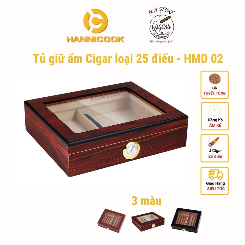 Hộp ủ Cigar - Tủ bảo quản Xì Gà 25 điếu - Gỗ Tuyết Tùng, ba màu sang trọng - HMD02 - H2H Store