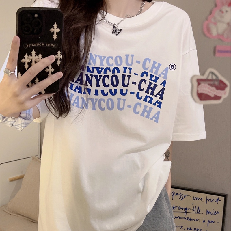 SUXI Áo Thun Ngắn Tay Cổ Tròn Dáng Rộng In Chữ Thời Trang Mùa Hè Cho Nữ