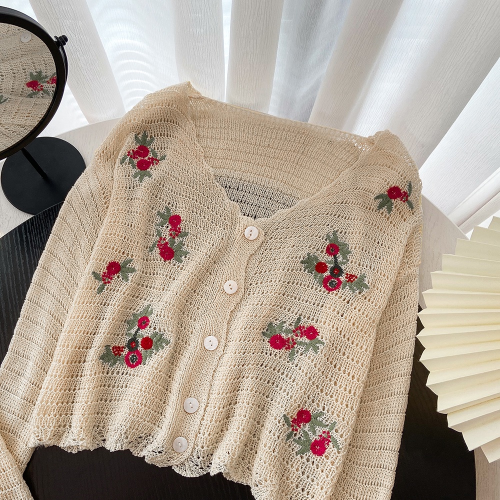 NUZIRO  Áo khoác cardigan dệt kim có cổ chữ v thêu họa tiết xinh xắn
