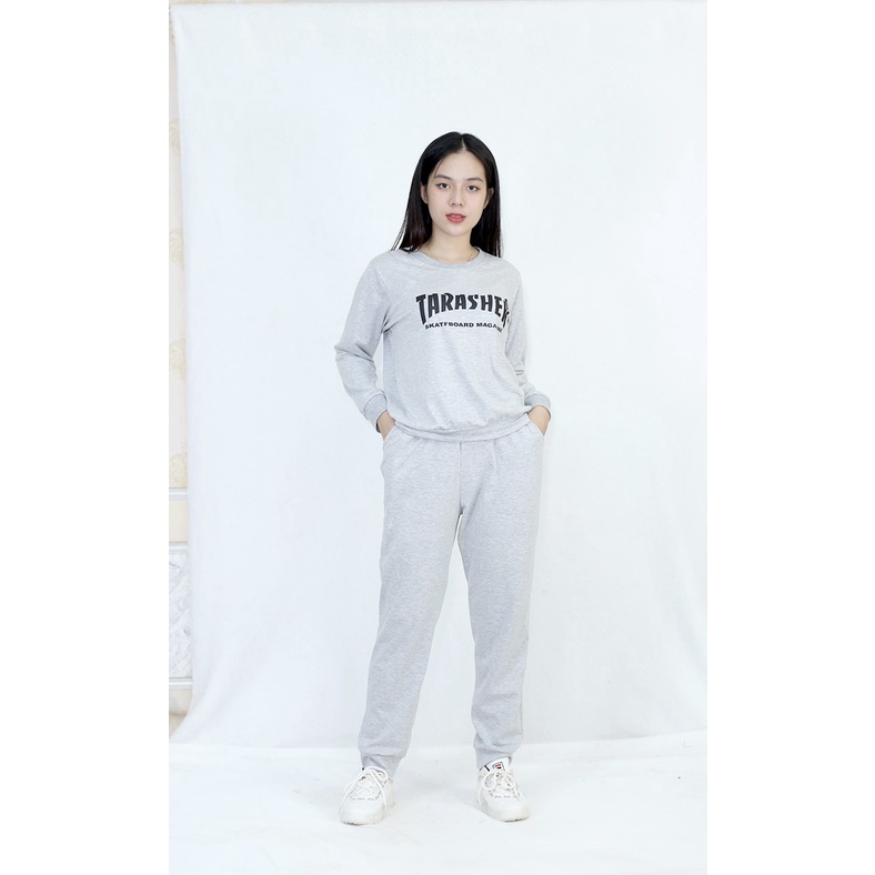 [HÌNH THẬT] Bộ đồ thể thao quần dài tay dài màu xám trắng - Vải Cotton 65/35 Cao Cấp
