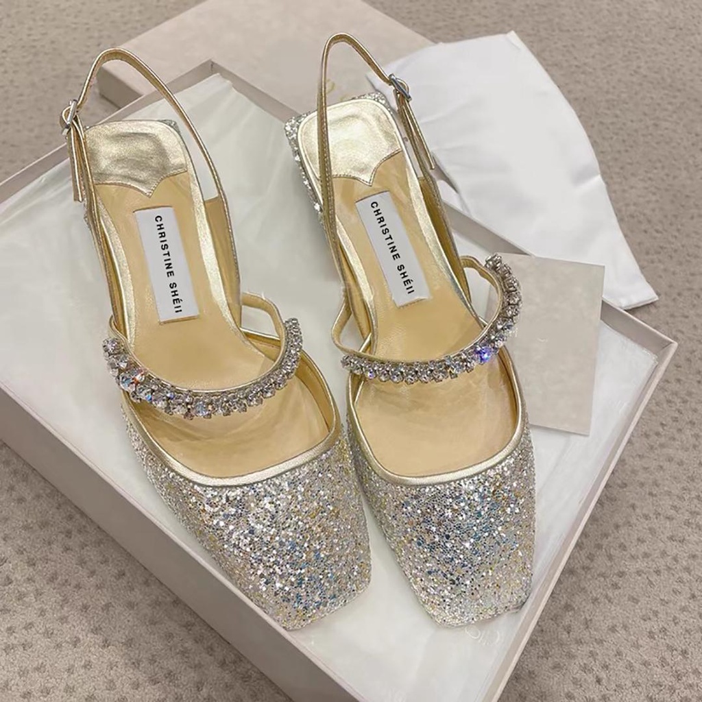 Jiashucheng Giày Sandal Gót Dày Phẳng Hở Ngón Cài Khóa Đính Đá Phong Cách Mary Jane Cổ Điển Thời Trang Xuân Hè Mới Dành Cho Bạn Nữ