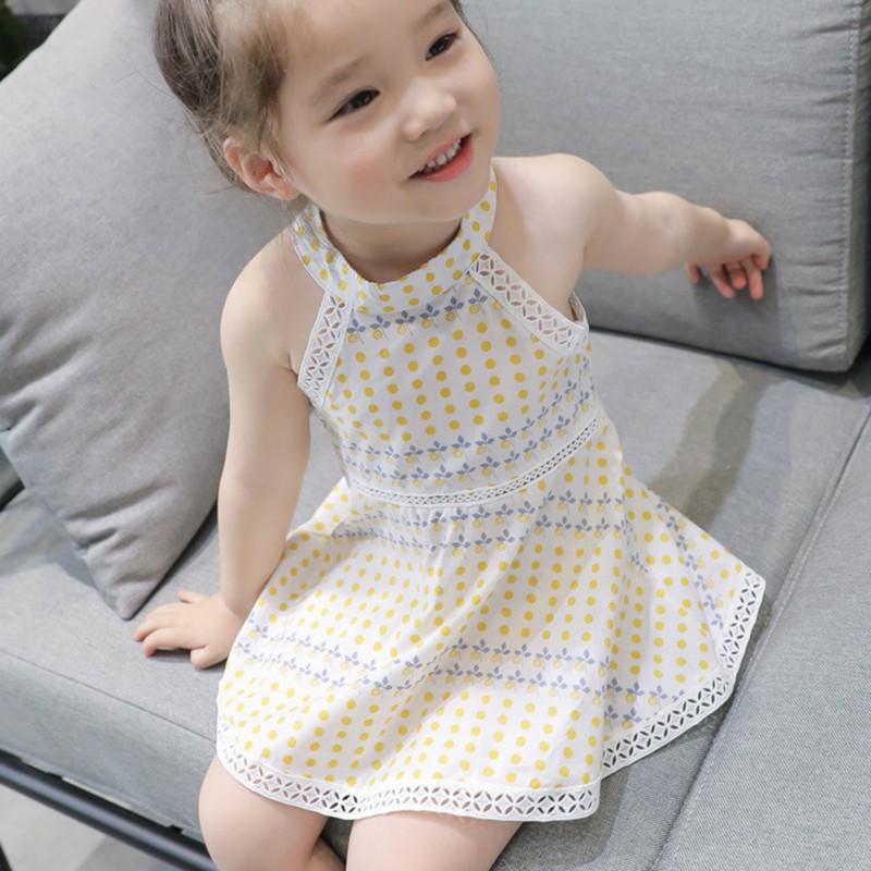 Đầm xòe cộc tay cổ tròn in họa tiết chấm bi xinh xắn cho bé gái