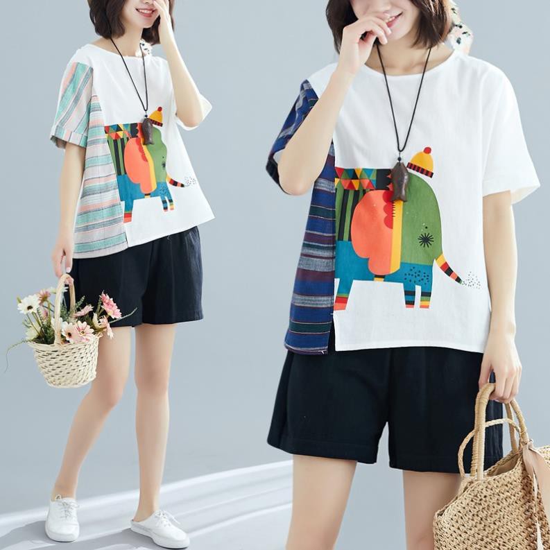 (A011) Áo tshirt nữ bigsize vải thô mát phối thổ cẩm cá tính (fit 90kg) ་