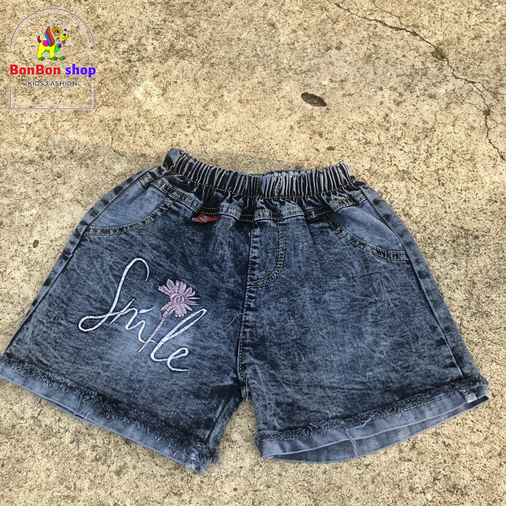 (ảnh tự chụp 100%) Quần đùi jean cho bé gái xuất khẩu vải mềm co giãn họa tiết BONSHOP-QJ02