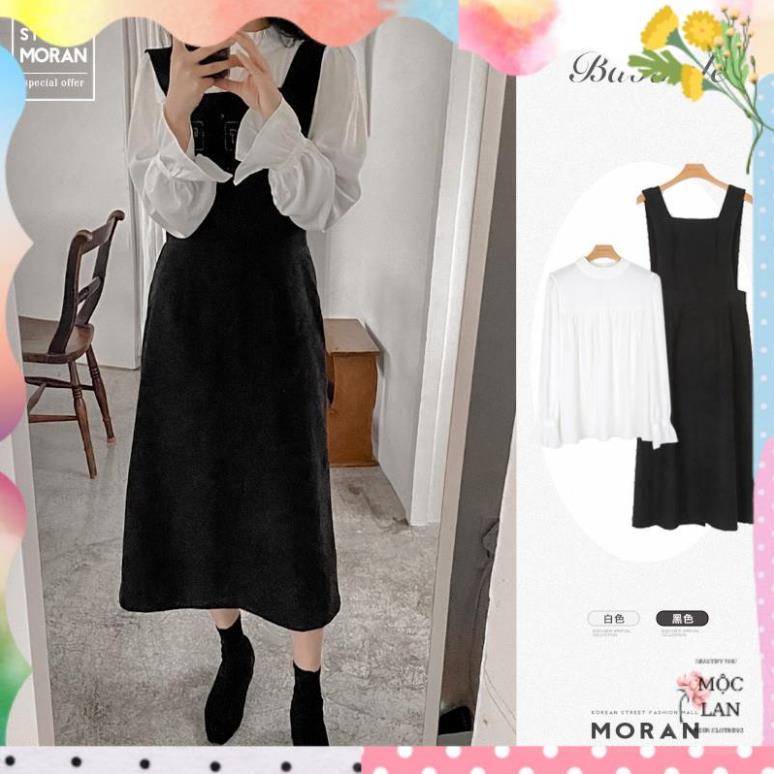 Váy yếm MORAN xòe dài màu đen đơn giản vintage nhẹ nhàng