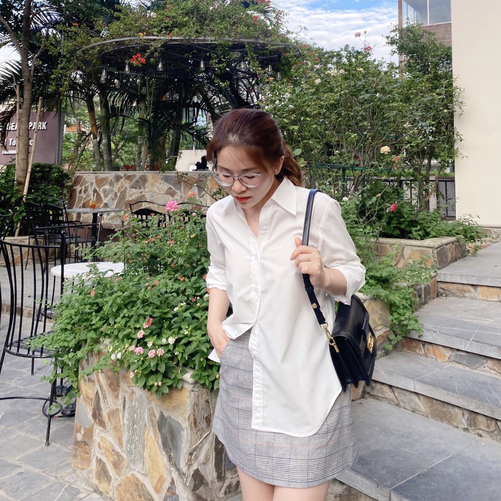 Áo Sơ Mi Trắng Dáng Vừa Vai Chất Liệu Thô Kate Không Nhăn SHMILY