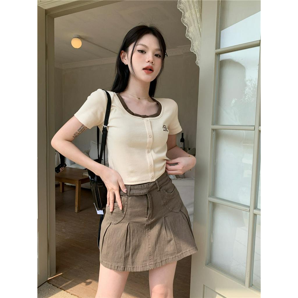 Áo Thun Cổ Vuông Ngắn Tay Thêu Họa Tiết Màu Sắc Tương Phản Thời Trang Mùa Hè 630