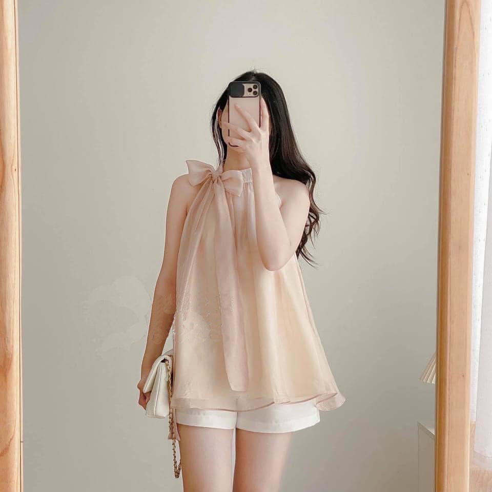 Áo Yếm Voan Tơ 3 Lỗ Thắt Nơ Xinh Xắn May 2 Lớp, alohashop91